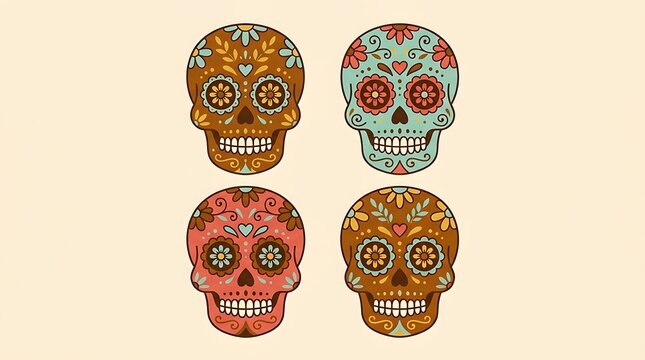 Colorful decorative sugar skull set featuring floral ornamentation patterns for festive traditional celebration graphic design elements