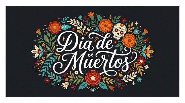 Decorative dia de muertos calligraphy lettering surrounded by vibrant floral wreath and ornate sugar skull illustration design with wreath stylized flowers