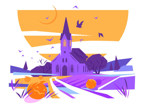 Halloween colorful landscape with old country church