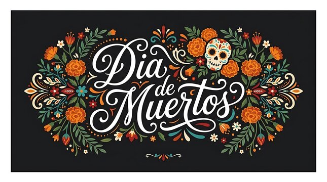 Dia de muertos decorative typography design featuring floral ornaments and traditional skull illustration on black background