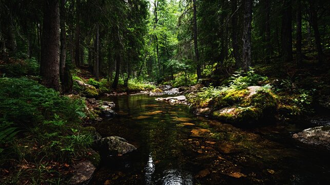 Pristine mountain stream flows through a deep lush green forest surrounded by ancient tall trees under soft natural daylight illumination