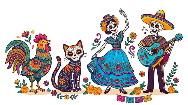 Vibrant day of the dead celebration with cat decorated intricate floral patterns against clean white background showcases vibrant illustration skeletons