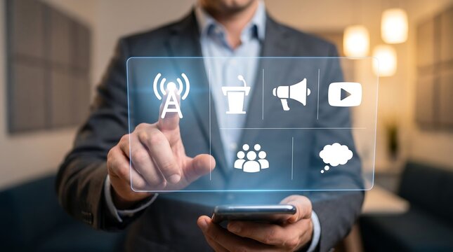 Executive holding smartphone and touching transparent digital interface for media broadcasting and PR