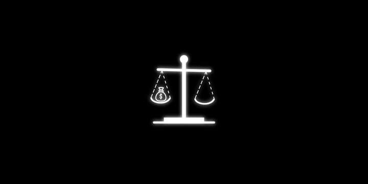 Neon glowing scales of justice with money bag on black background loop