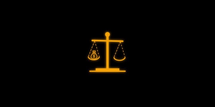 Golden neon glowing scales of justice with money bag law concept loop