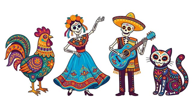 Colorful skeleton figures dancing with rooster and cat celebrating traditional cultural holiday event vibrant illustration with displays vibrant collection