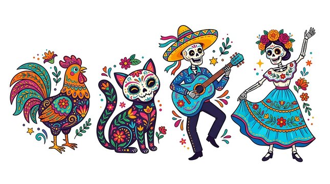 Colorful folk art figures featuring decorated skeleton characters and ornamented rooster cat illustrations with two dancing skeletons guitars