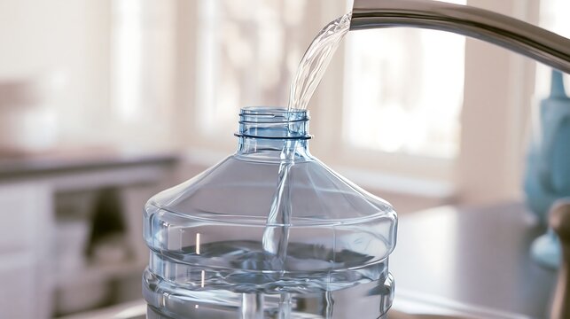 Large household water container being filled from a kitchen faucet, illustrating emergency water storage, preparation for supply restrictions, drought and water shortages