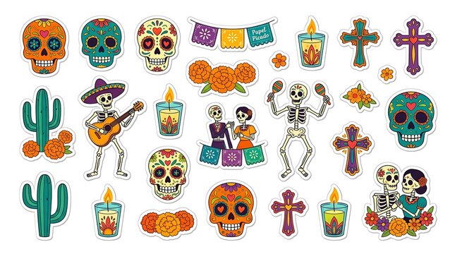 Vibrant day of the dead sticker set with displays collection vibrant stickers inspired traditional Mexican holiday motifs with commemoration