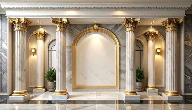 Luxurious classical interior hall with marble columns, golden capitals, and a central arched frame for product display
