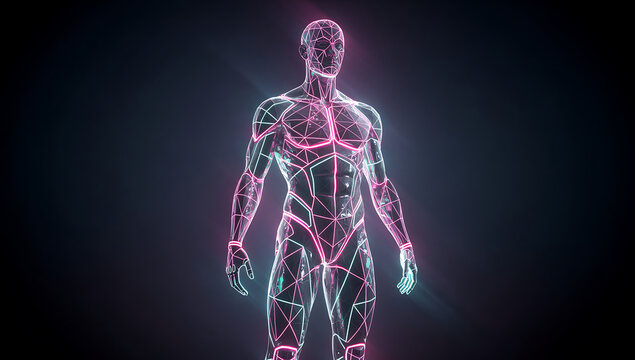 Futuristic Human Figure Made of Luminous Geometric Wireframes