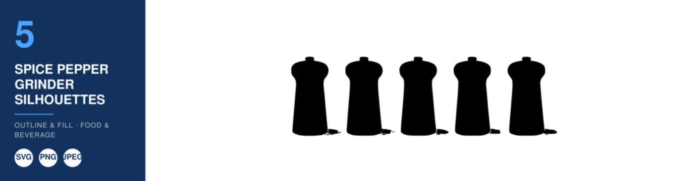 Spice Pepper Grinder Silhouettes, Outline and Fill Design, Food and Beverage Concept, Vector Illustration, Culinary Icon
