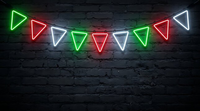 Neon bunting pennant flags glowing red green and white against dark textured brick wall background with displays string vibrant colors hanging