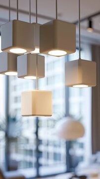 Soft glow from cube-shaped pendant lights hangs above. Modern living room bathed in warm, minimalist illumination. Cozy, spacious interior blends comfort with sleek design