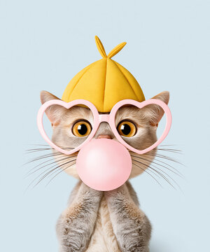 Cute fashionable cat in a cap with heart-shaped glasses blowing bubble gum