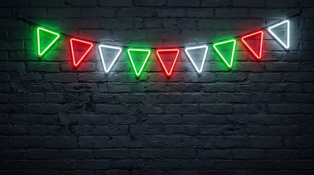 Neon triangle bunting lights hanging against dark textured brick wall for festive party celebration decor with displays string glowing