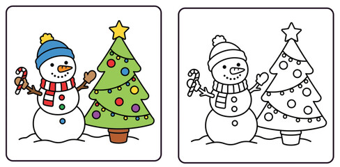 Fototapeta premium Cute Snowman with Candy Cane and Decorated Christmas Tree Vector Illustration and Coloring Page for Kids Activity