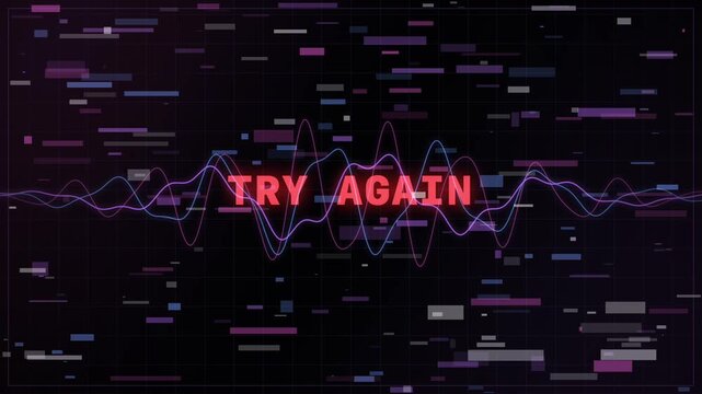 Try Again typography glitches across dark grid background with oscillating neon waveform lines
