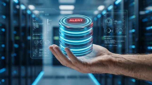 Hand holding glowing data server stack hologram with alert notification for server maintenance and monitoring