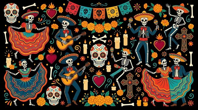 Mexican day of the dead celebration elements pattern featuring colorful skeletons musicians and decorative floral sugar skulls with pattern traditional