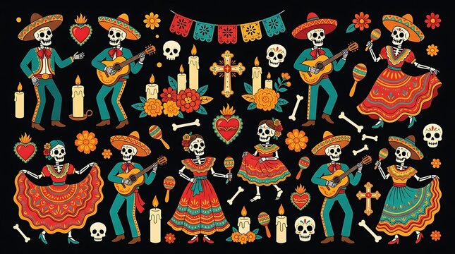 Day of the dead celebration elements set with festive skeletons musicians and traditional decorative folk art motifs