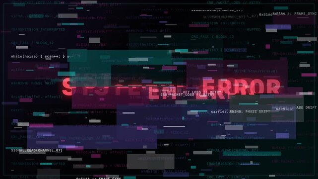 System error message flickers amid shifting digital blocks and corrupted technical text on dark background