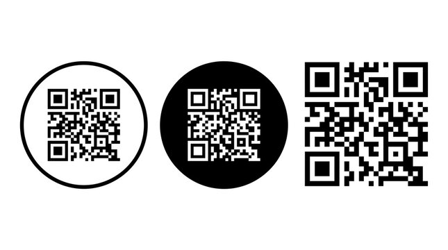 Vector set of black and white QR code icons with circular backgrounds for digital access
