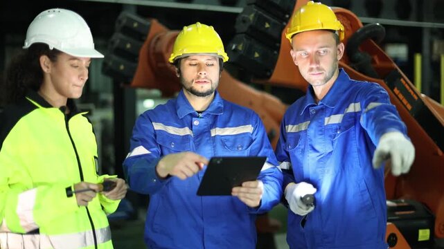 Robotics engineering team collaboratively checked installed electronic components  robot's structure verifying specifications tablet before testing automated electrical system welding robot warehouse.