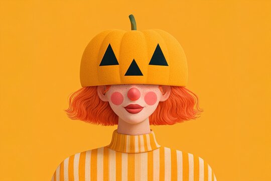 Person with pumpkin head and clown makeup on a bright orange background during Halloween
