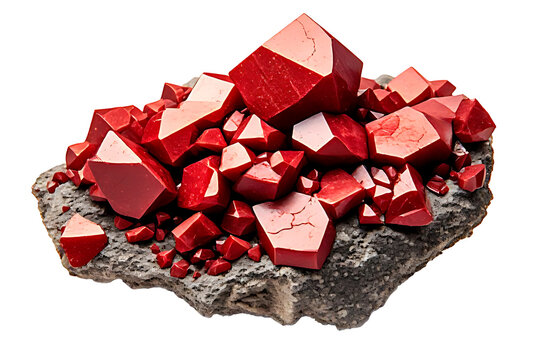 IA generated, raw cinnabar mineral specimen with vibrant red vermilion crystals on matrix isolated on white background.