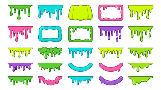Vibrant Dripping Slime Elements and Frames with Gelatin Shape on White Background Vector Illustration