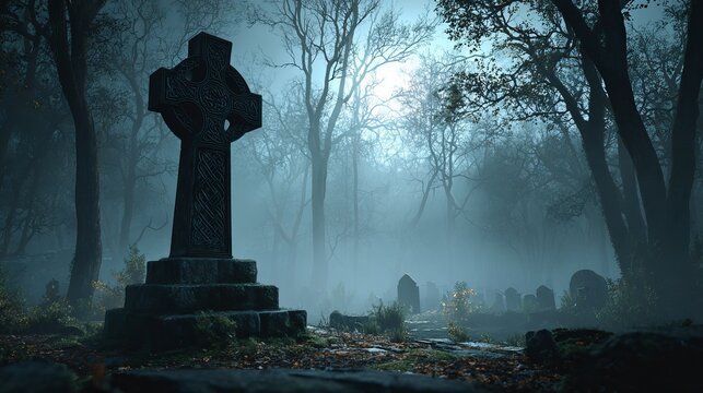 Ancient stone celtic cross standing inside a misty dark forest graveyard under moonlight creates a very spooky and atmospheric scene