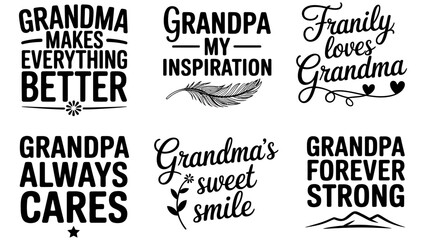 Fototapeta premium Grandma and grandpa quotes set, family typography vectors, 6 t-shirt designs Editable Vector