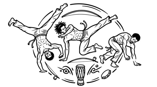 Capoeira Monkey Cartoon Clip Art Set. Sketch of African Dance Music, Black and White Doodle Illustration for T-Shirt Logo Design