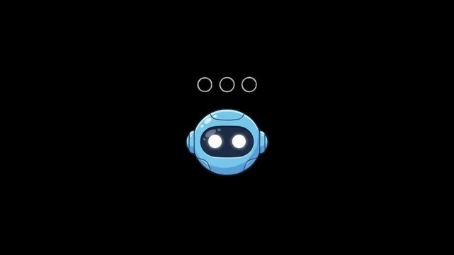 Adorable blue robot character avatar with bright glowing blue eyes and a three-dot processing indicator above its head, symbolizing artificial intelligence and digital thought on a dark background