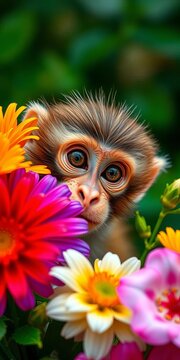 Monkey's curious face peeks out from behind a colorful bouquet, nose, face