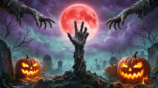 Zombie hands emerge from graves under a blood red moon in a spooky halloween graveyard scene undead corpse decay ghoul