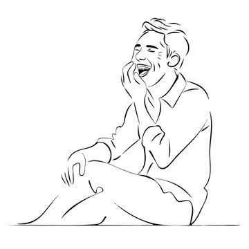 outline drawing of a man sitting on the ground, laughing, with one hand near his mouth, wearing a collared shirt.