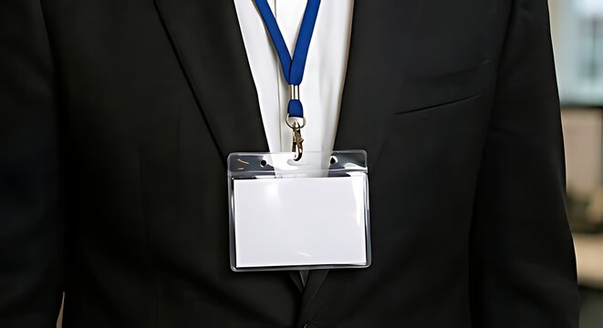 Professional business person wearing black suit jacket with blue lanyard