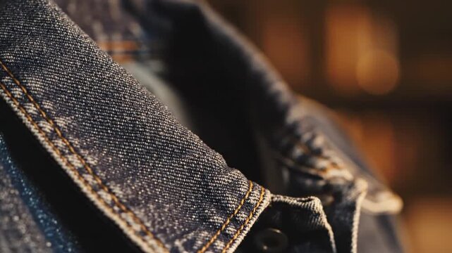 Close up of a textured blue denim jacket collar with stitching detail
