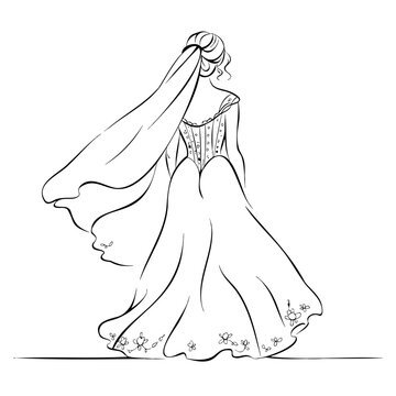 Woman wearing wedding gown with long veil standing back view isolated line drawing for romantic bridal event invitation card design.