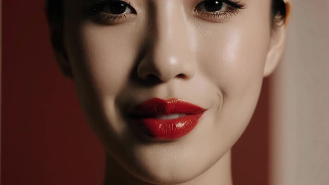 Extreme close-up of a woman blowing a kiss. Glossy red lipstick on female lips. Beauty and cosmetics concept