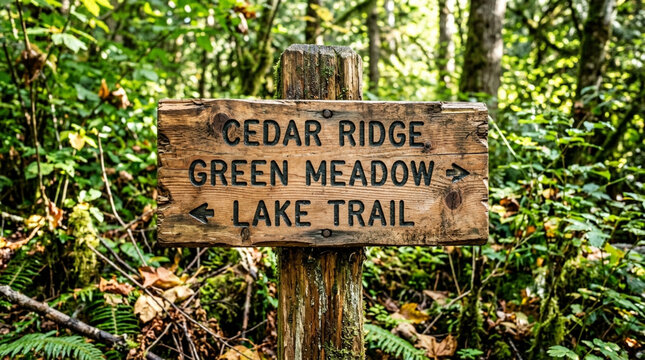 Wooden Trail Sign: Cedar Ridge, Green Meadow, Lake Trail in Forest