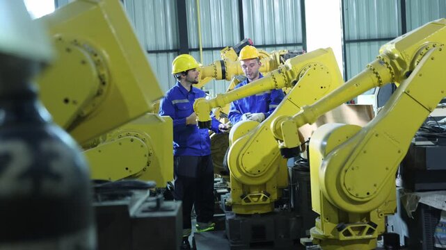 Two robotics engineering technicians inspect spare parts repair and maintain robotic arms perform electric welding in the workshop and troubleshoot and restore the robots normal working condition.