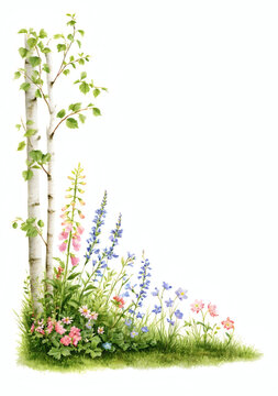 Beautiful watercolor corner with birch trees and wildflowers on white background. Spring or summer floral composition perfect for invitations, cards, or design projects.