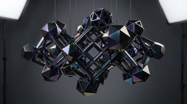 Abstract Geometric Sculpture, Iridescent Metal, Complex Structure, Studio Lighting