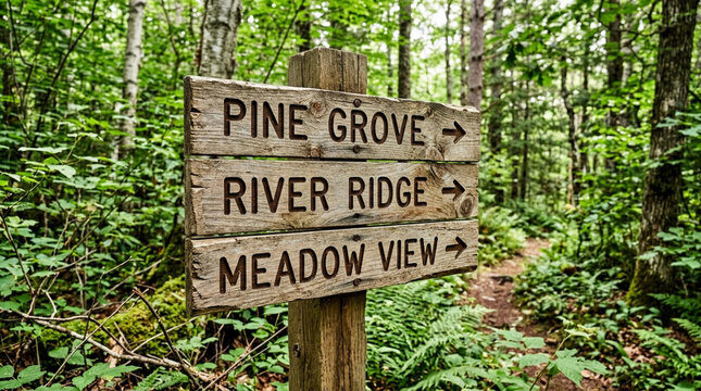 Wooden trail sign in forest pointing to Pine Grove, River Ridge, Meadow View.