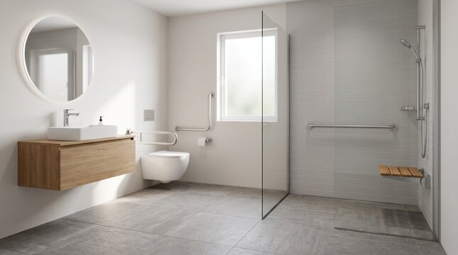 An accessible and modern bathroom designed for comfort and safety, featuring a floating vanity, wall-hung toilet, and a spacious walk-in shower with grab bars and a built-in seat.