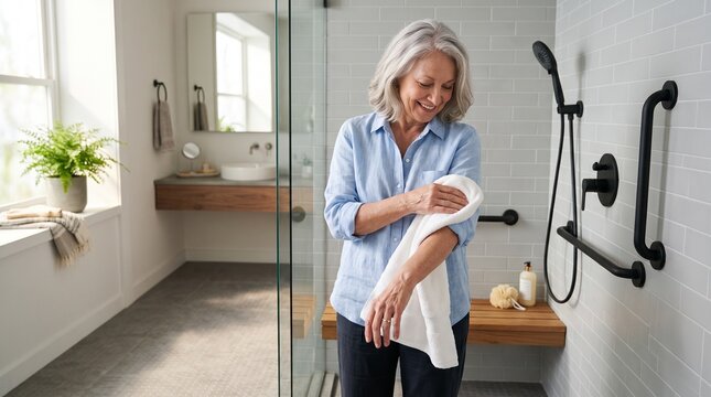 A mature woman with a warm smile dries her arm with a soft towel in a modern, accessible bathroom featuring sleek fixtures and a plant for a touch of nature.