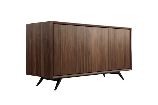 Dark wooden minimalist sideboard with black legs isolated